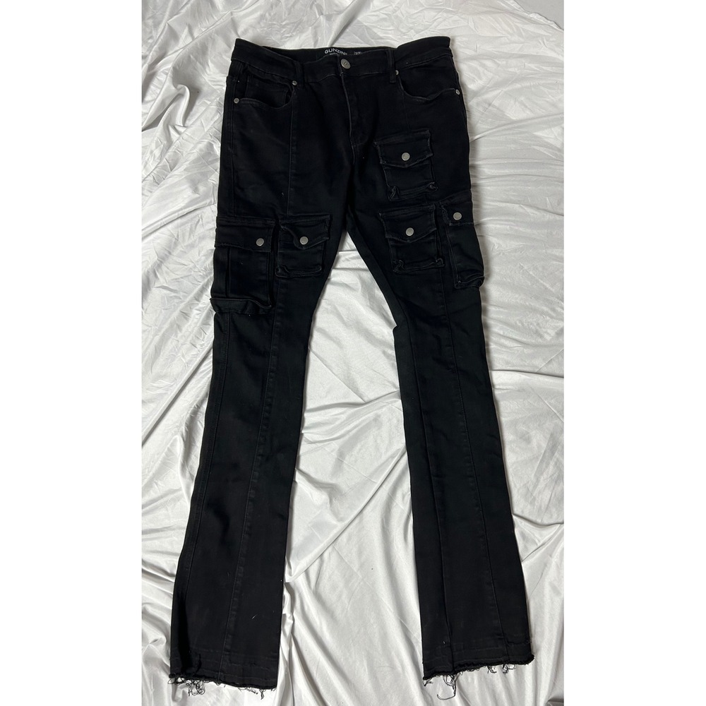 Gunzinii Mens Black Cargo Denim Jeans Size 34 Multi Pocket Raw Hem Streetwear